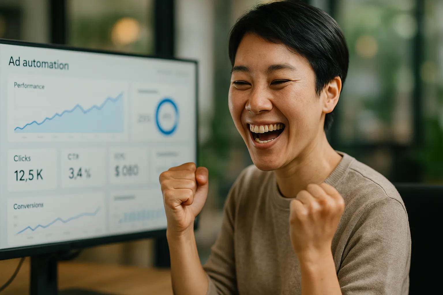 광고 수익으로 기뻐하는 여성