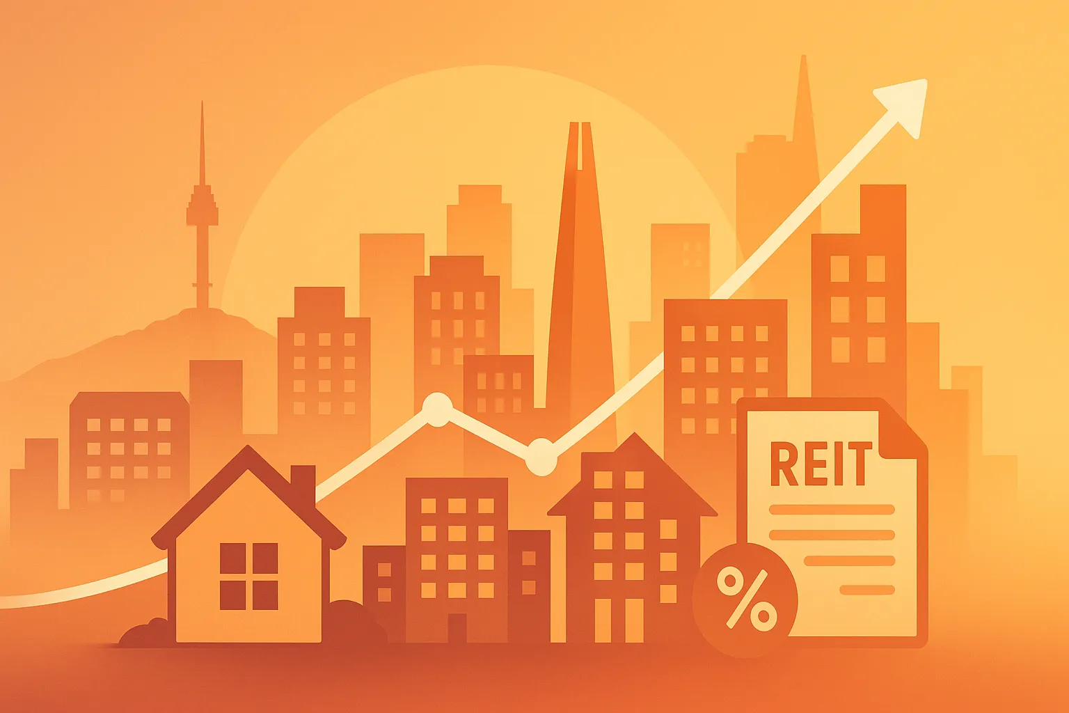 도시 스카이라인과 부동산 그래프가 안정적으로 상승하는 장기 성장