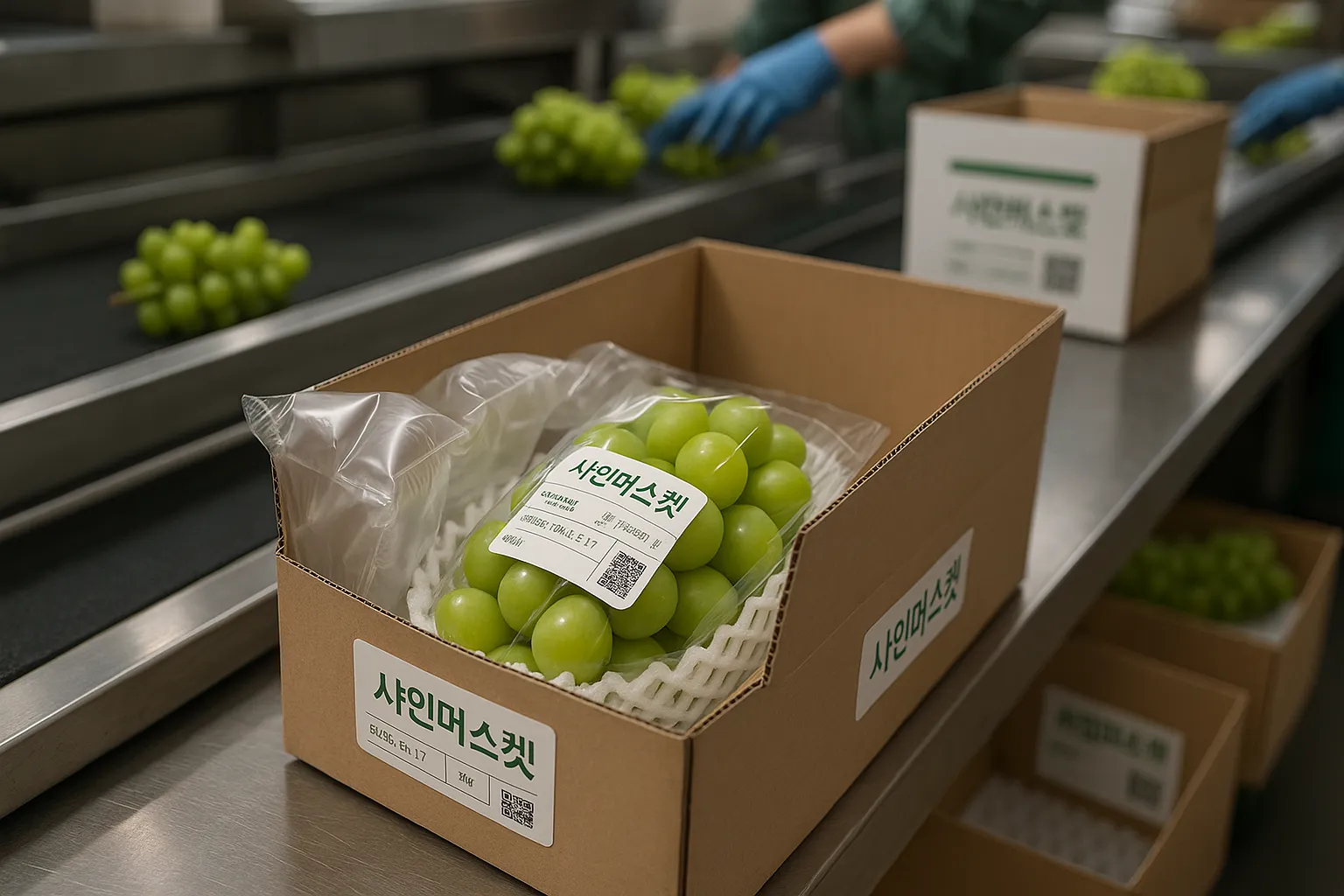 선별 라인과 완충 포장, 지역 브랜드 라벨링 디테일, 상자 내부 구조가 보이게, 상업 사진
