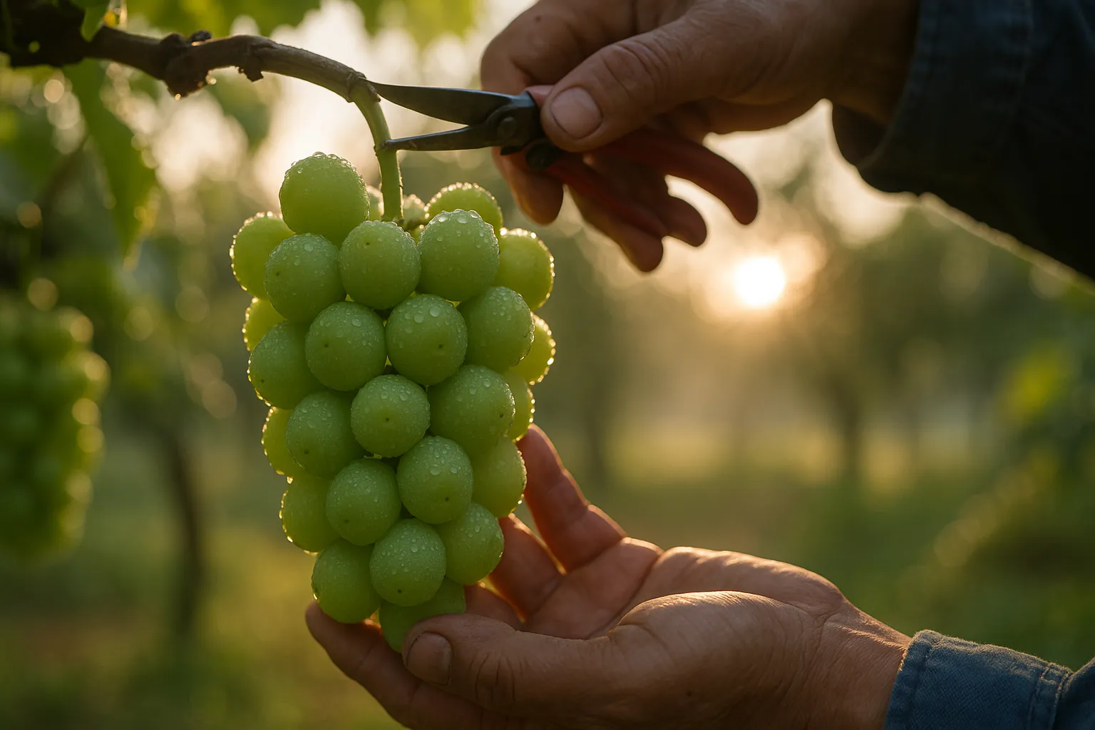 포도 농장에서 수확 중인 샤인머스켓 클러스터