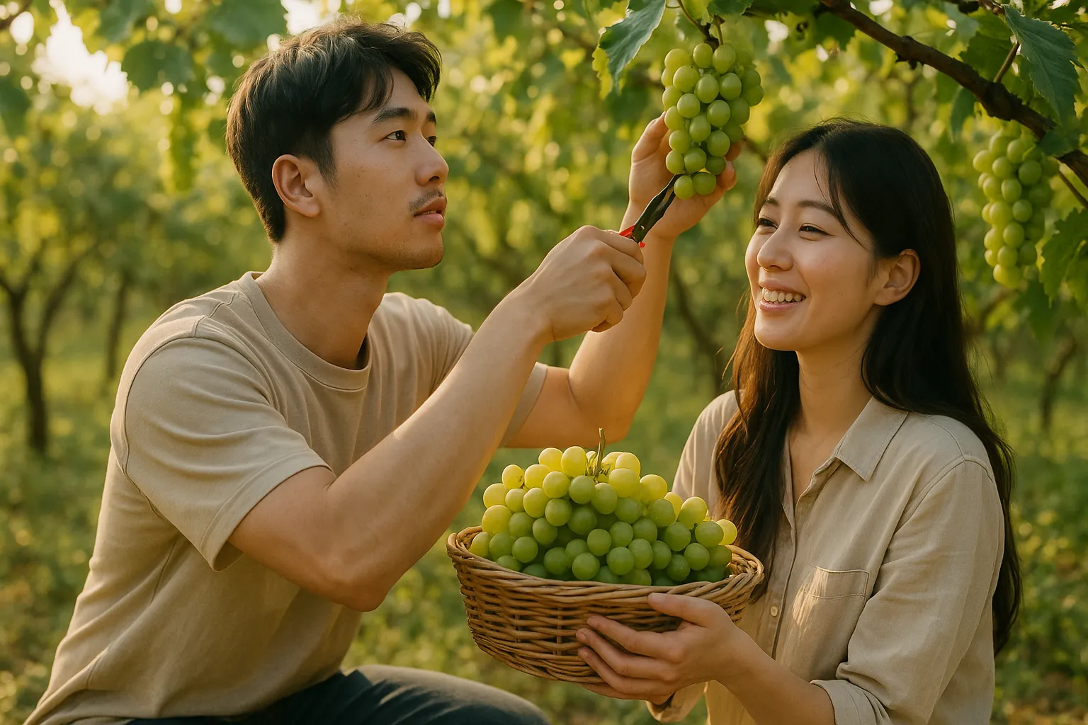 MZ세대 커플이 포도 농장 체험 중인 장면