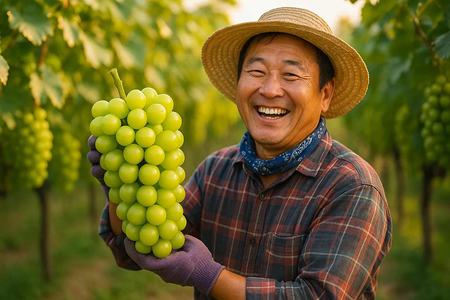 한국 농부가 샤인머스켓을 수확하며 웃는 장면