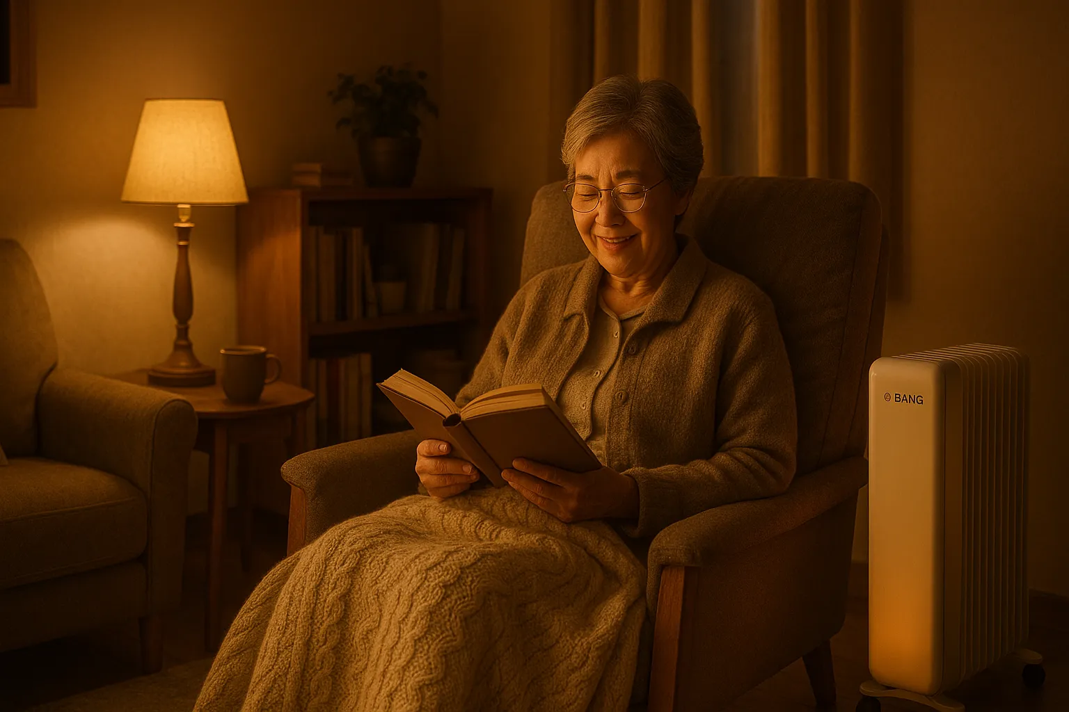 안전한 난로로 편안한 밤을 보내시는 어머님