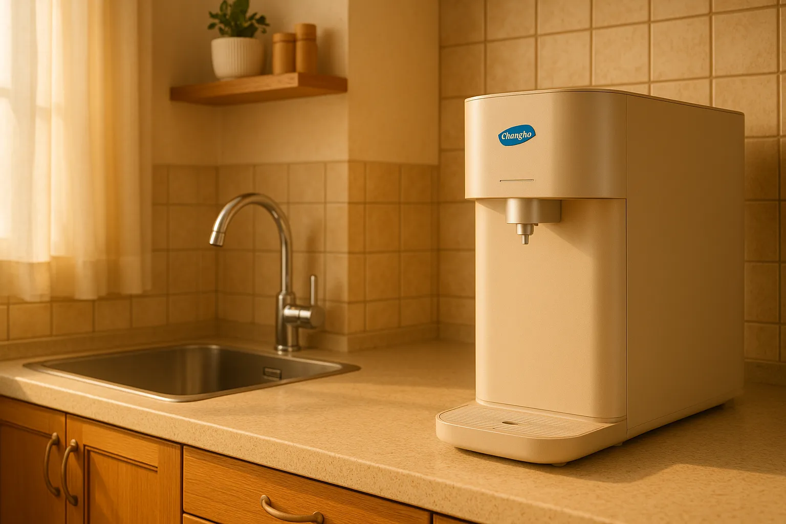주방 싱크대 위에 설치된 청호나이스 오트밀 컬러 얼음정수기