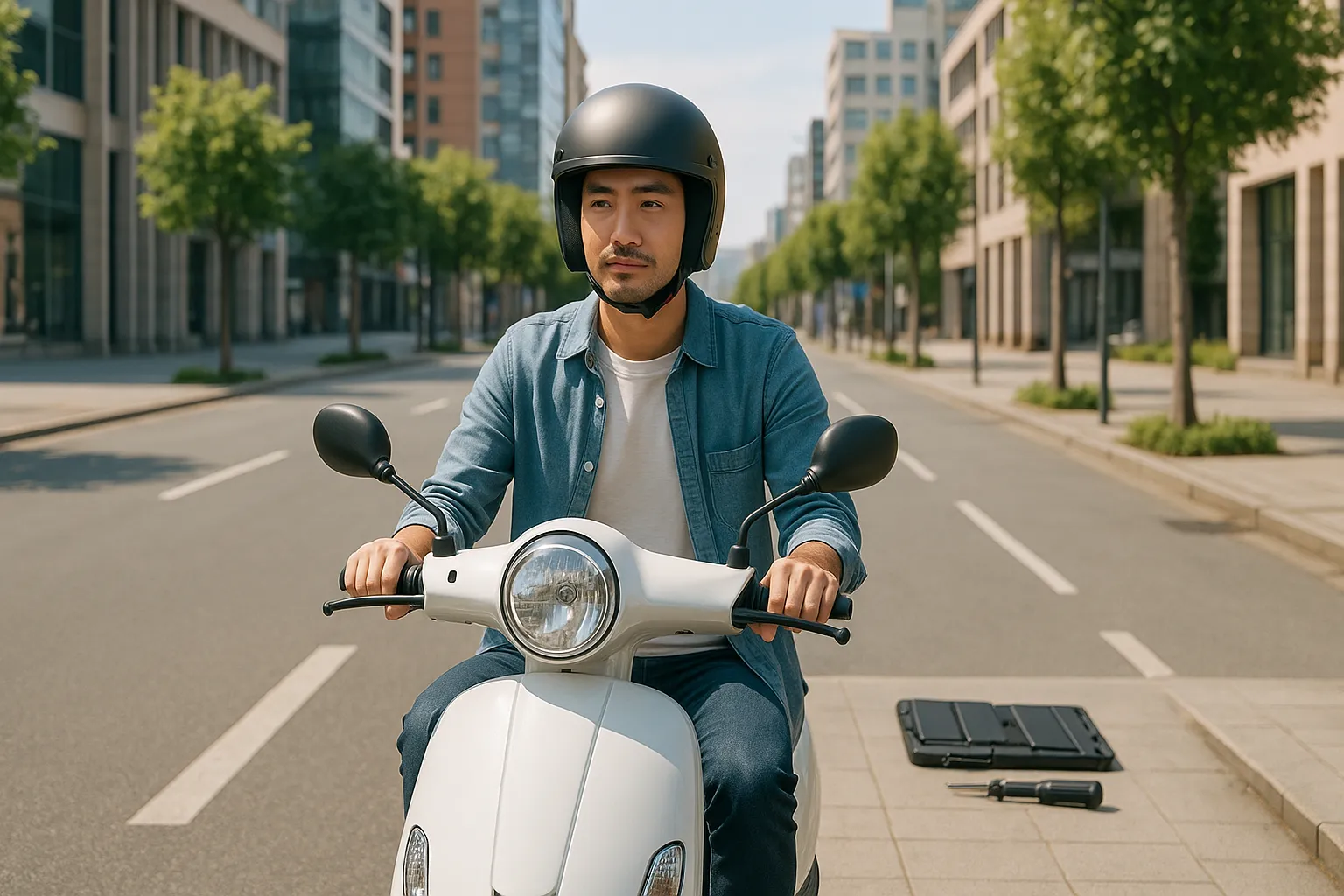 도심 거리에서 전기 스쿠터를 타는 남성