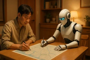 사람과 AI가 테이블에 마주 앉아 지도를 함께 그리는 장면