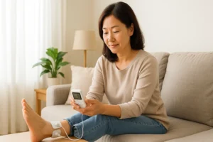 가정에서 통증 완화 기기를 사용하는 여성