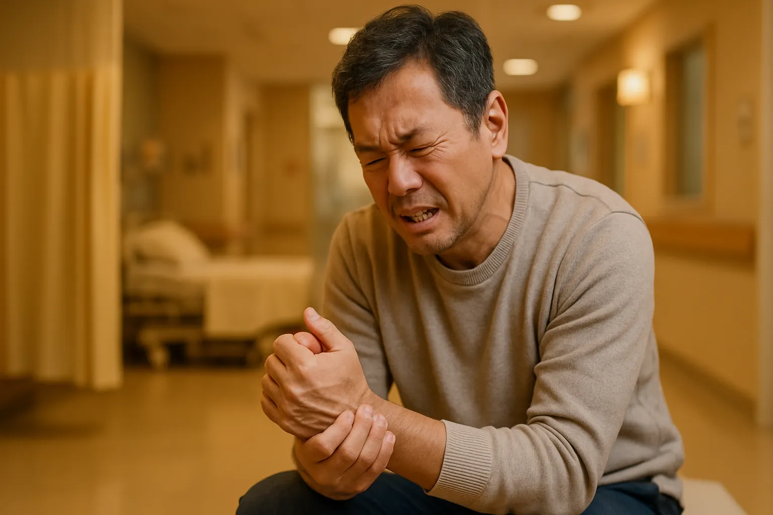 손목이나 발목을 감싸며 아파하는 중년 남성