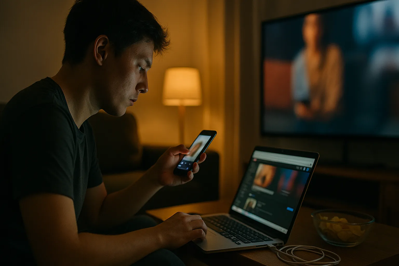 현대인이 스마트폰·노트북·TV 등 여러 화면을 번갈아 보며 짧은 콘텐츠를 소비하는 장면