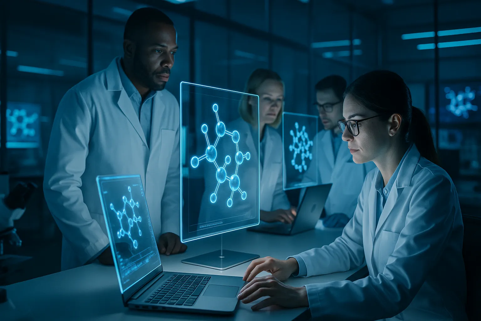 AI 신약 개발 연구소 실험실에서 약물 구조를 분석하는 과학자들,
