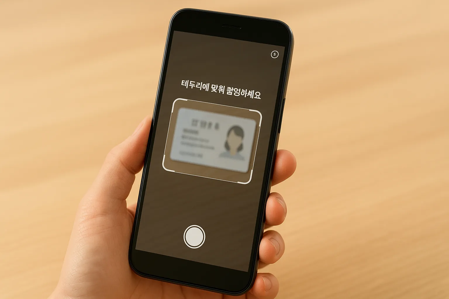 PASS 앱 또는 정부24 앱에서 신분증 촬영 화면이 표시된 스마트폰 클로즈업.