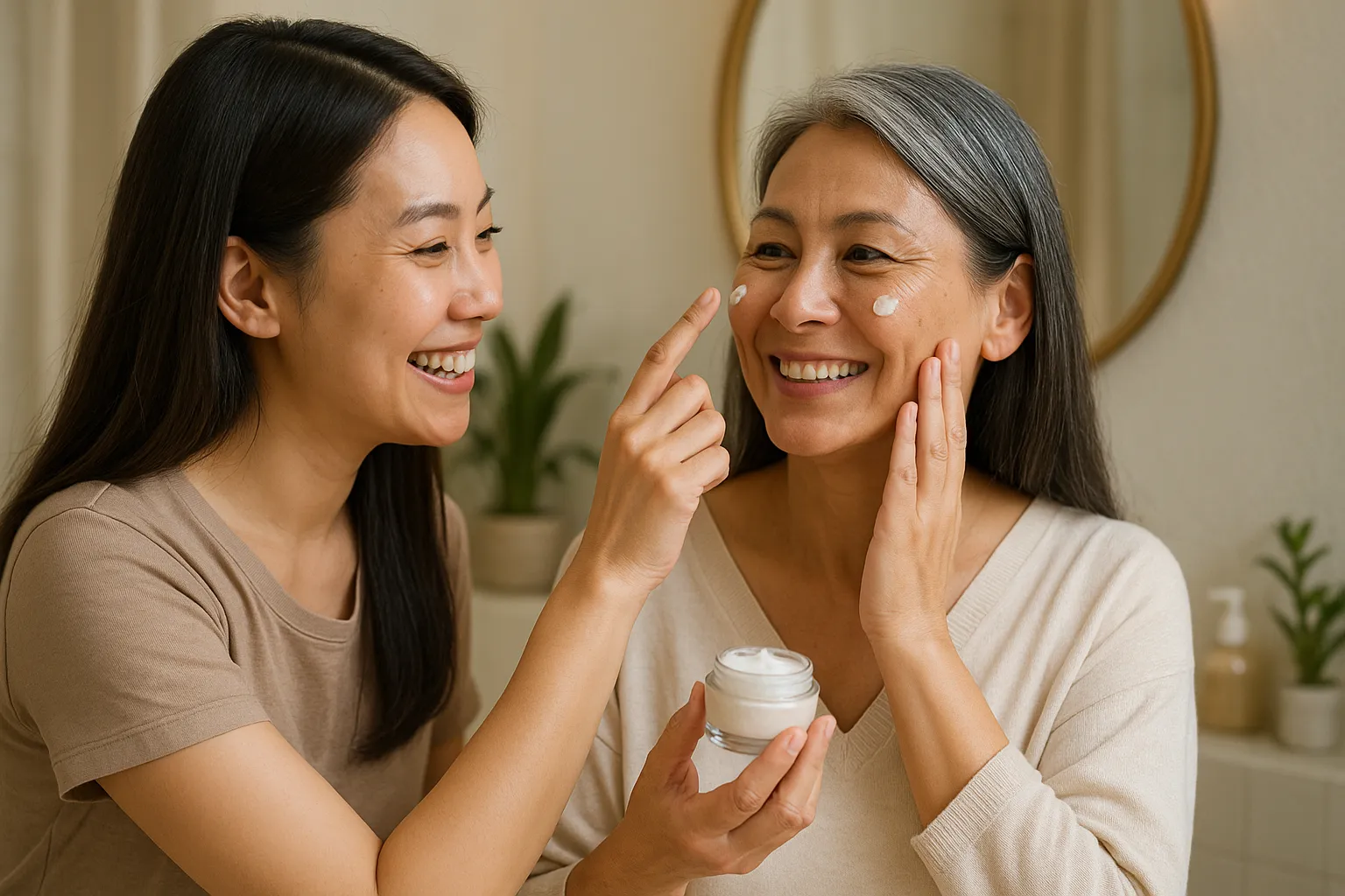 모녀간 주름 개선 크림을 발라주는 모습