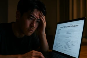 복잡한 온라인 장학금 신청 양식을 보며 걱정하는 한국 대학생,