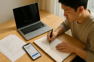 산후도우미 신청 페이지가 켜져 있고 옆에서 한국인 아기 아빠가 메모를 하며 신청 정보를 정리하는 모습