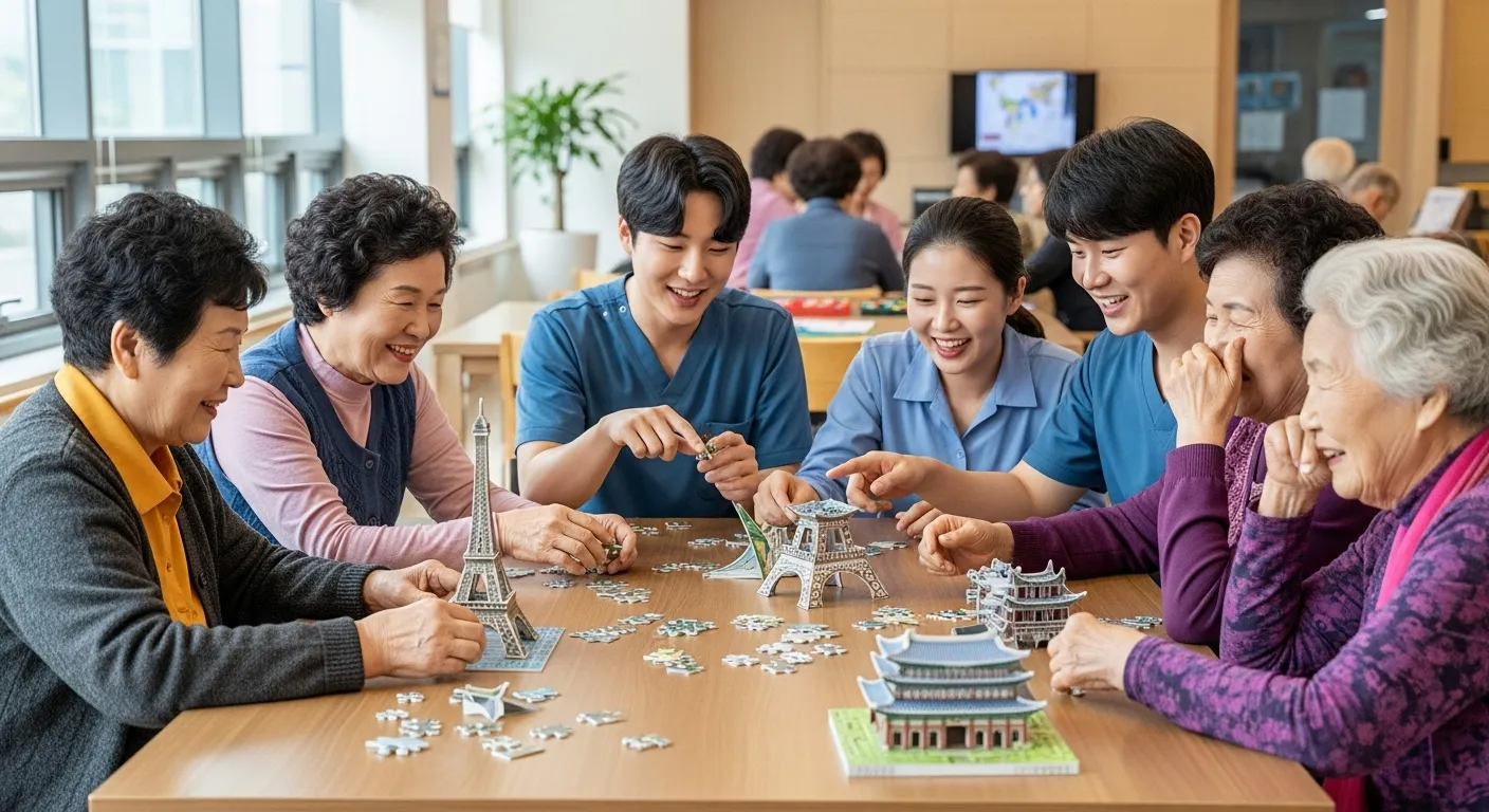 시니어 센터에서 입체 퍼즐 맞추기 활동을 하는 어르신들, 치료사와 함께 웃으며 대화하는 모습