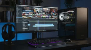4K 영상 편집용 데스크탑 PC 본체와 모니터, 키보드, 헤드폰이 깔끔하게 놓인 작업 공간, 약간 어두운 배경에 모니터만 환하게 빛나는 장면, 실제 사진 같은 느낌