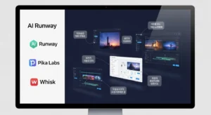 Runway, Pika Labs, Whisk 등 AI 영상 툴 로고와 UI 일부가 보이는 모니터 화면을 인포그래픽처럼 정리한 장면