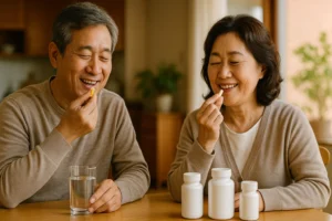 건강보조식품을 복용하는 노부부