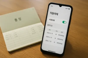 짠테크 자동 이체 설정이 된 은행 계좌 화면과 통장