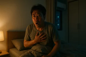 50대 남성이 수면무호흡에 놀라 깨어남