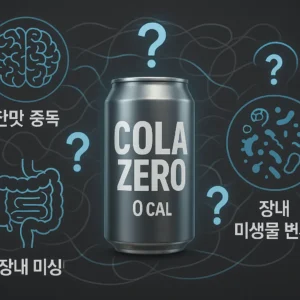 제로슈가 콜라 캔을 중심으로 뇌, 장(Gut), 미생물 아이콘이 물음표와 함께 복잡하게 얽혀 있는 모습. '단맛 중독'과 '장내 미생물 변화'