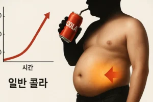일반 콜라를 마시는 순간 복부에 지방이 쌓이는 모습과 급격히 상승하는 혈당 그래프가 대비되는 인포그래픽
