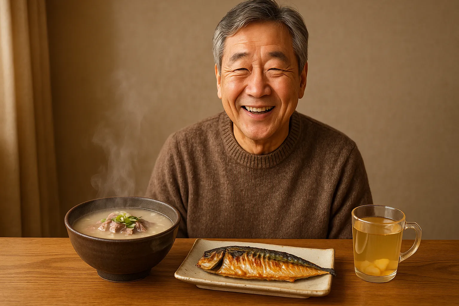 어르신 보양식으로 곰탕과 고등어가 있는 식탁