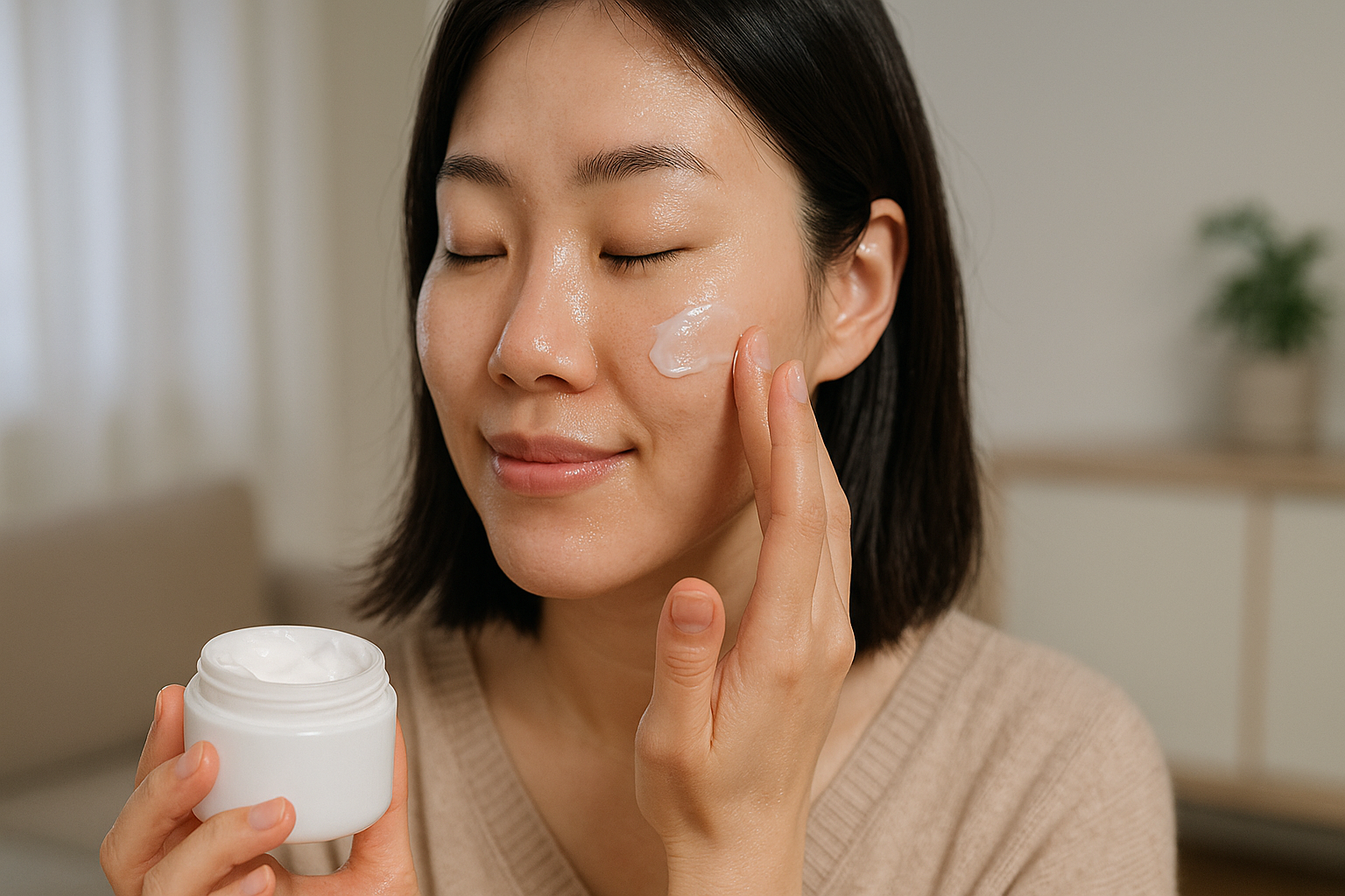 겨울철 건조한 한국형 실내에서 얼굴 보습 크림을 바르는 장면, 은은한 백색 조명, 보습감 표현 강조,