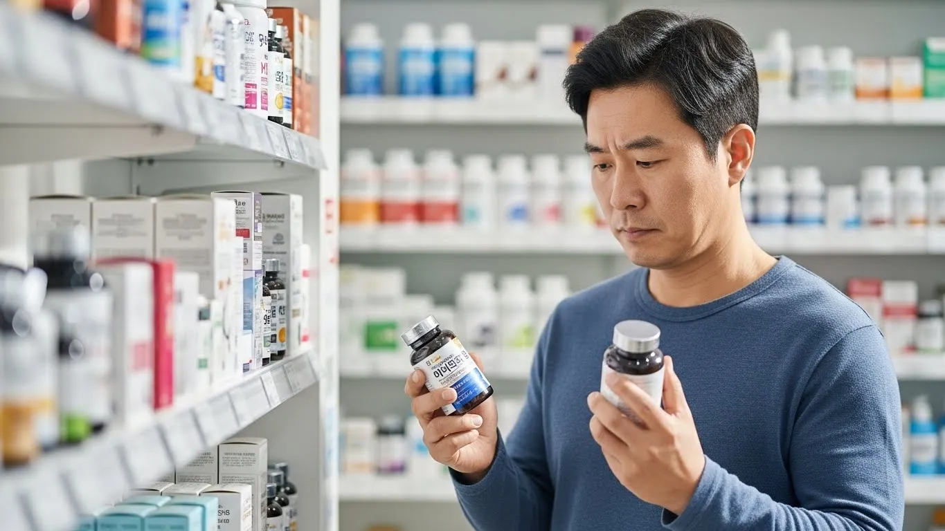 약국에서 영양제 비교하는 장면