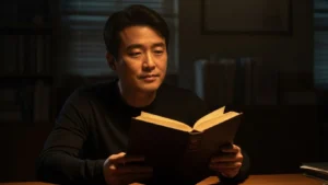 책상 의자에 앉아 독서하며 사유의 시간을 갖는 중년