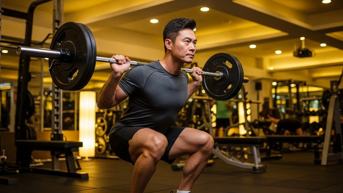 근감소증을 막기 위해 스쿼트하는 중년