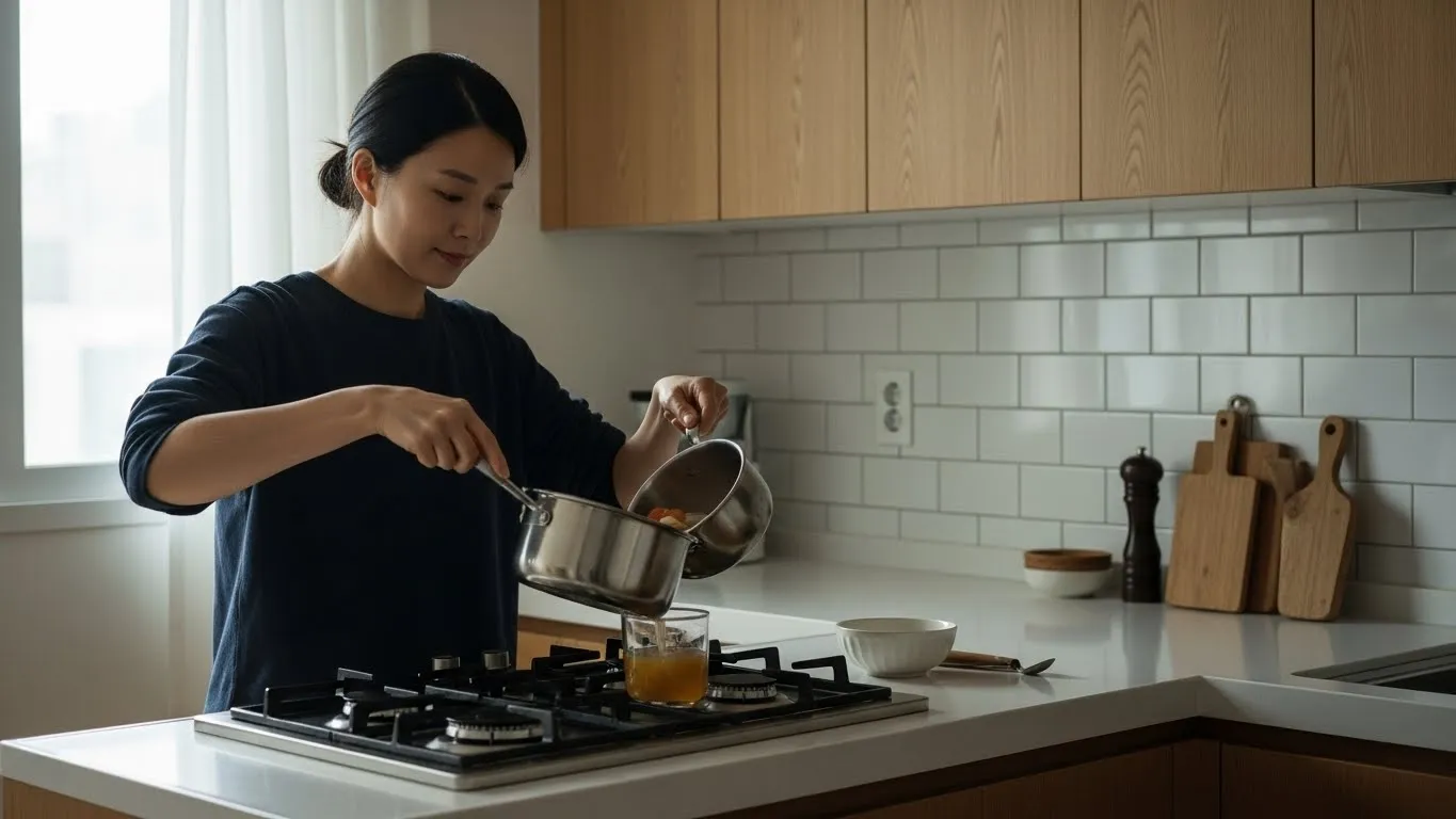 한국 30대 여성이 주방에서 티톡스를 위해 유리 밀폐용기에 따뜻한 국을 옮겨 담는 장면