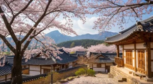 벚꽃이 활짝 핀 평화로운 한옥 마을 풍경,