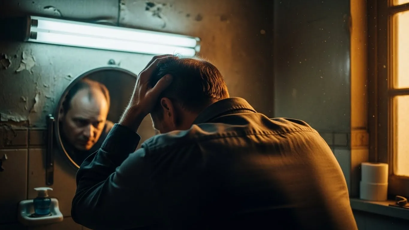 욕실 불빛에 비친 탈모 부분