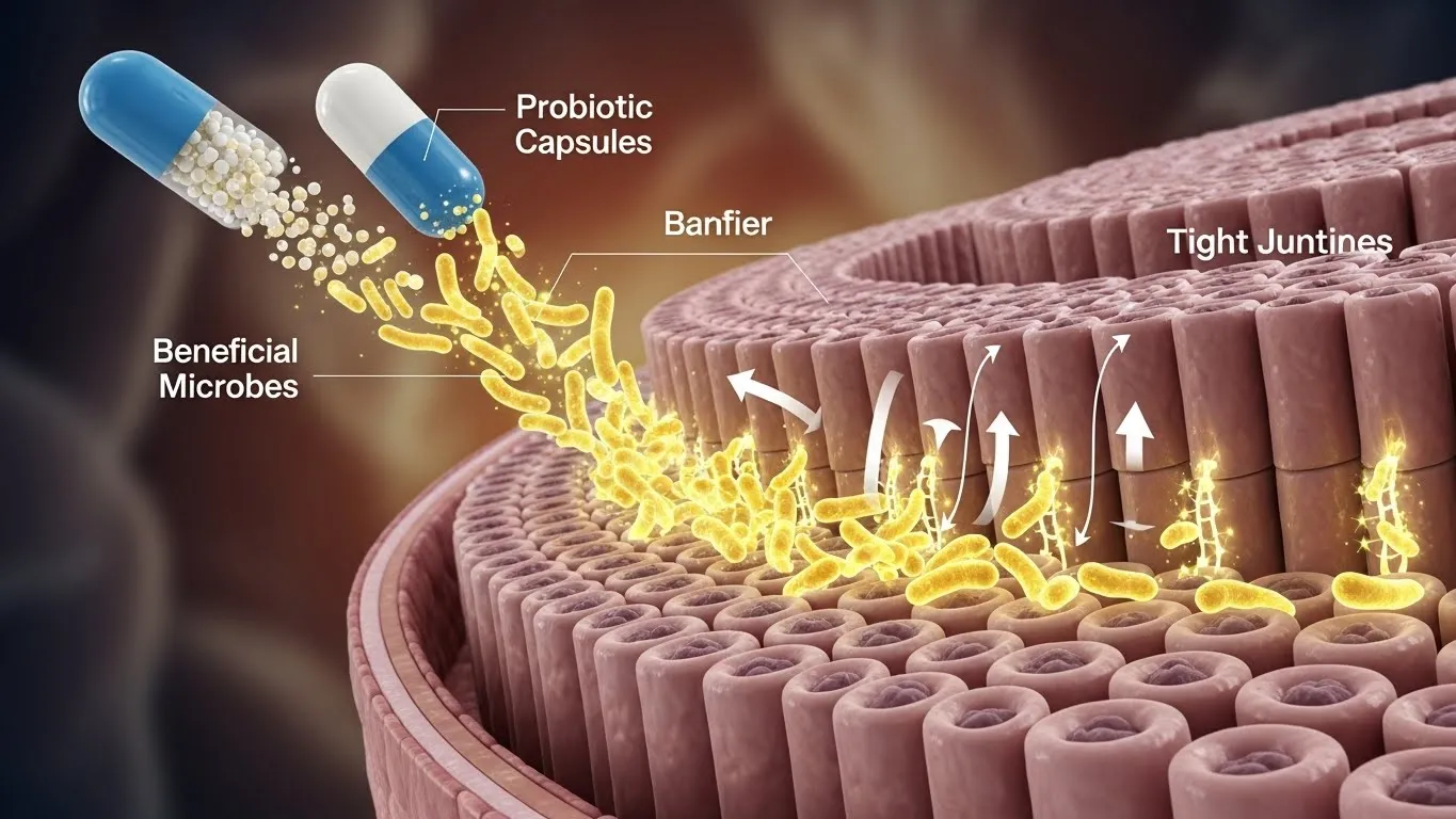 프로바이오틱스 캡슐이 황금빛 미생물을 방출하며 장벽을 강화