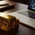 반짝이는 99.9% 금값 폭듭이 어두운 마호가니 책상 위에 쌓여 있고, 그 옆에는 최신 노트북이 놓여있는 고품질의 영화 같은 클로즈업. 부드럽고 따뜻한 조명, 전문적인 금융 분위기