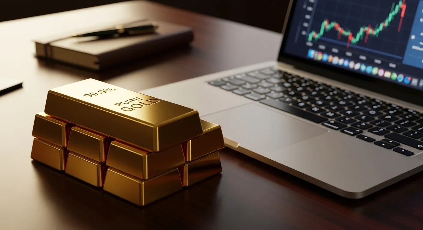 반짝이는 99.9% 금값 폭듭이 어두운 마호가니 책상 위에 쌓여 있고, 그 옆에는 최신 노트북이 놓여있는 고품질의 영화 같은 클로즈업. 부드럽고 따뜻한 조명, 전문적인 금융 분위기